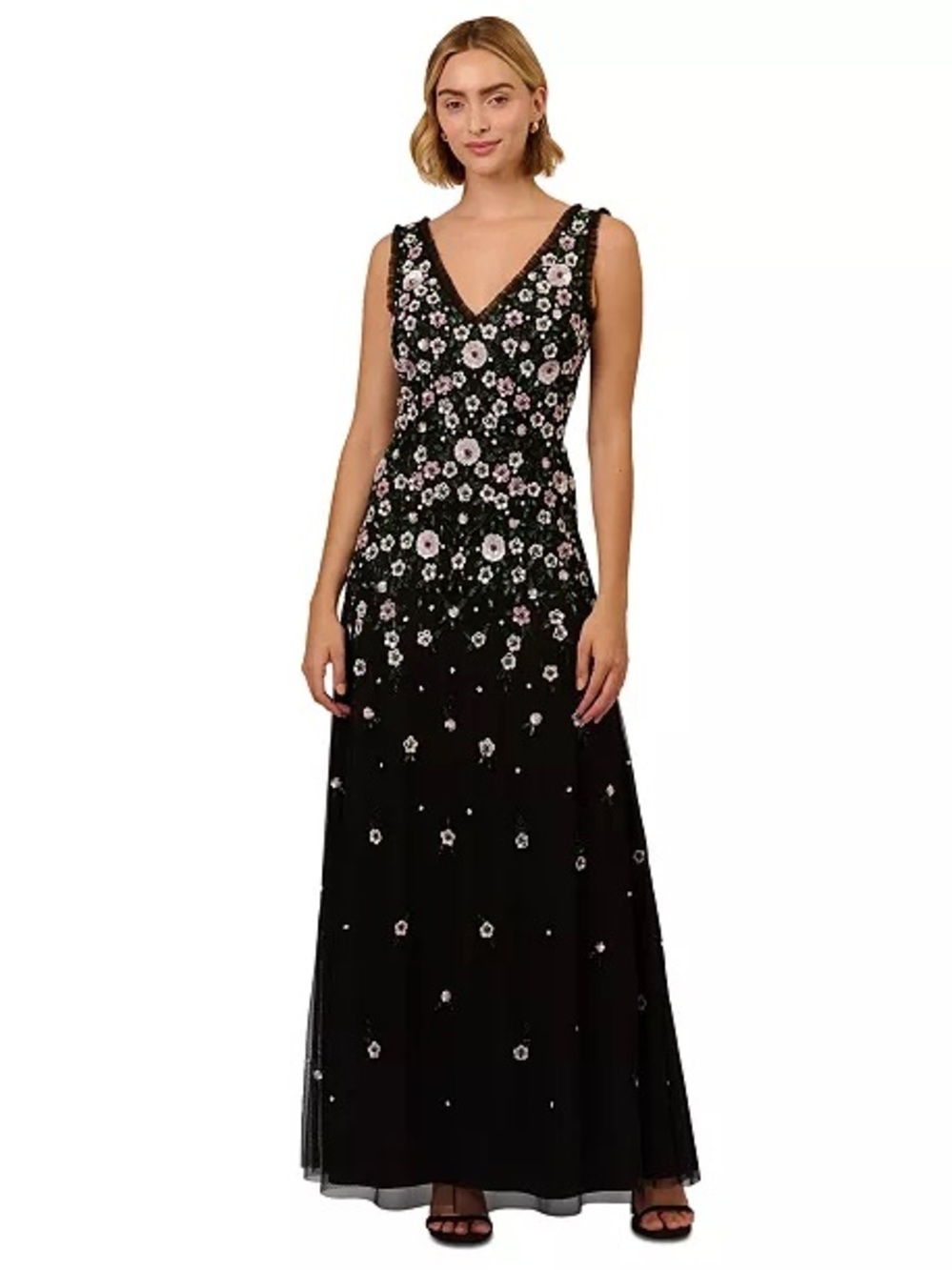 Adrianna Papell Floral Beaded Mesh Long Ball Gown